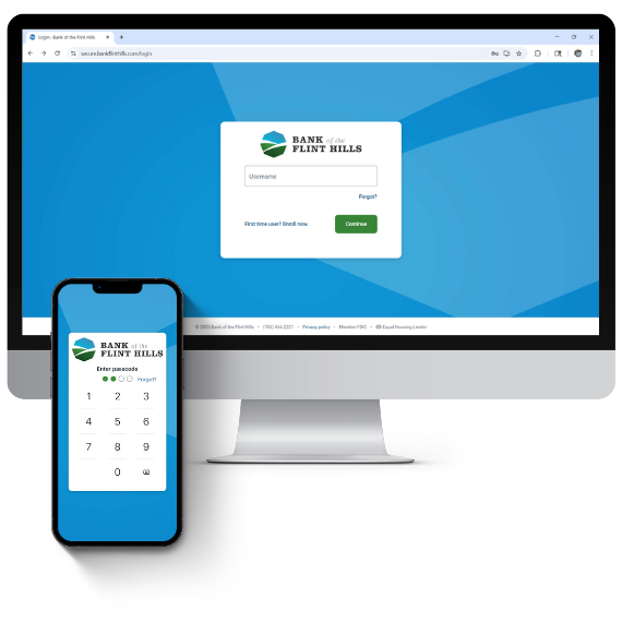 banking login Screen on a computer and iPhone.